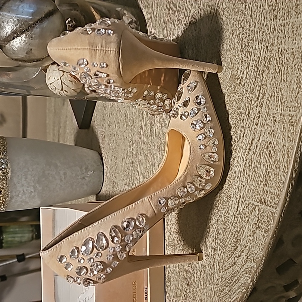 Nude Suede Rhinestone Heels - Picture 4 of 4